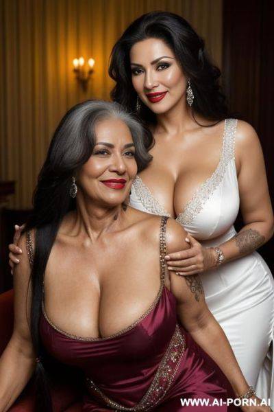 Two ancient full mature lesbian females on the club, black skin and white skin milfs, extremely beautiful make-up, red lip gloss. wicked, ((extremely long hair)), ((((ultra realistic)))), tattooed, - ai-porn.ai on pornsimulated.com