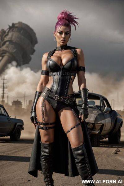 Dark black woman. toned. bracelet, thigh chain. punk hairstyle with fully shaved sides. bulging oversized tits. leather shoulder pad. mad max. fallout. ruined city in background. holster. city ruins. torn black cloak. - ai-porn.ai on pornsimulated.com