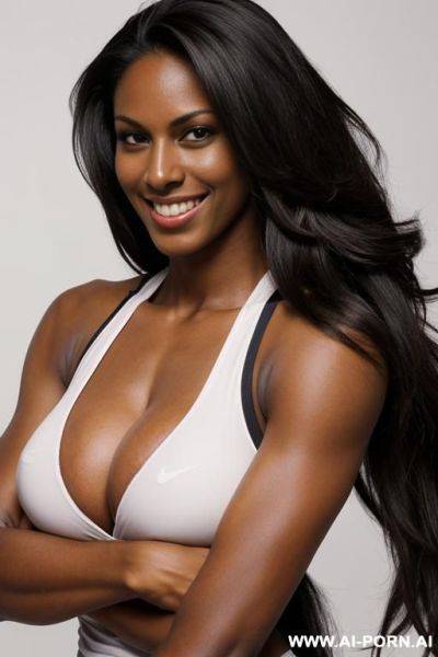 Tall dark skinned volleyball athlete, muscular arms, ((very long hair)), smiling, - ai-porn.ai on pornsimulated.com