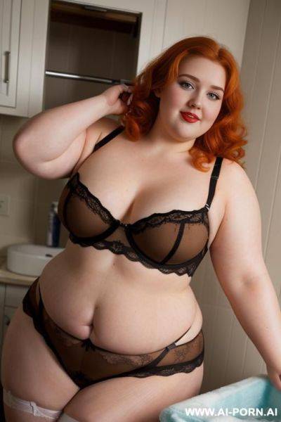 Half-length photo, ((half body photo shot close up)). as a set in the laundry area, a (((very, very obese))) fat chubby fat thick and bbw redhead british, ((she is washing clothes)). she has - ai-porn.ai - Britain on pornsimulated.com