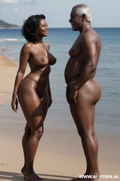 Ebony woman, (((totally naked))), (((topless))), standing in front, on a beach, (((standing with her husband))), curvy, body, gray hair, bottomheavy, big, ass, massive, woman, pov, embarressed, (((view from side))) - ai-porn.ai on pornsimulated.com