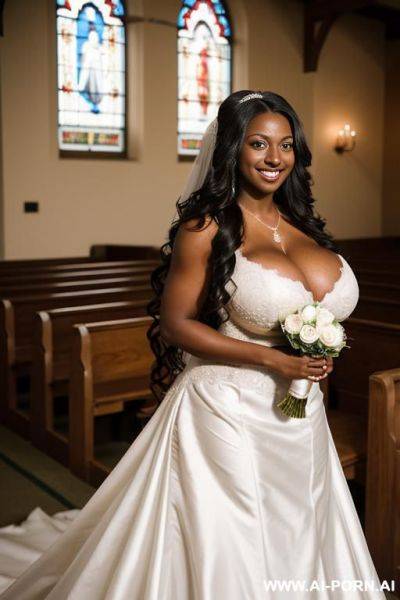 Medium shot, softball athlete, ((((massive breasts)))), dark skinned, 20 year old, wearing a bridal gown, smiling, hourglass body, ((very long wavy hair)), standing in a wedding chapel - ai-porn.ai on pornsimulated.com