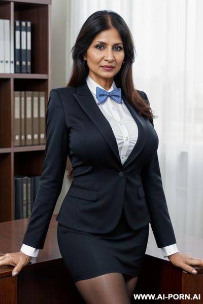Blazer, office shirt, skirt, tights, bowtie, long hair - ai-porn.ai on pornsimulated.com