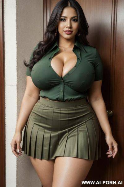 Latin woman, curvy, body, dressed in a pleated skirt, green blouse, shows the buttocks, , shirtspread, - ai-porn.ai on pornsimulated.com
