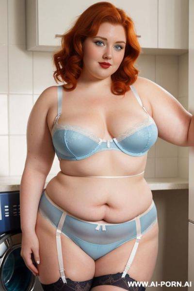 Half-length photo, ((half body photo shot close up)). as a set in the laundry area, a (((very obese))) fat chubby fat thick and bbw redhead british, ((she is washing clothes)). she has - ai-porn.ai - Britain on pornsimulated.com