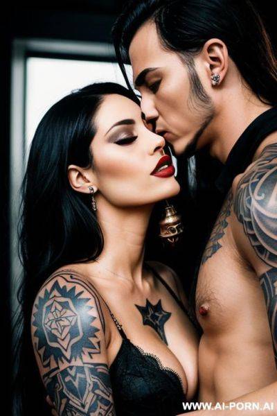 Metal head woman with tattoo kissing a guy - ai-porn.ai on pornsimulated.com
