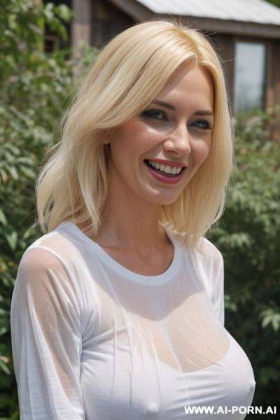 Gorgeous busty model, perfect boobs, wearing white t-shirt and blue jeans, wet because of sweat and heat, in hot, humid weather, (soaking wet transparent t-shirt), (see-through crew-neck t-shirt), standing in a suburban backyard, overcast day, evil grin. - ai-porn.ai on pornsimulated.com