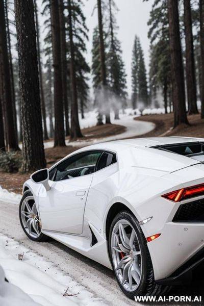 Woman, skin, white pants, white crown, white hair, white dress, white eyebrows, white eyelashes, in the background a white lamborghini huracan, forest, winter - ai-porn.ai on pornsimulated.com