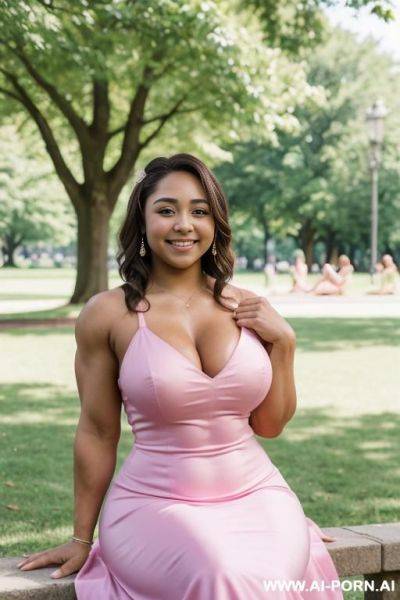 Looking at the camera, short, gymnast, (((thick arm muscles))), model, 20 years old, smiling, sitting in the park in summer wearing a pink prom dress, showing cleavage - ai-porn.ai on pornsimulated.com