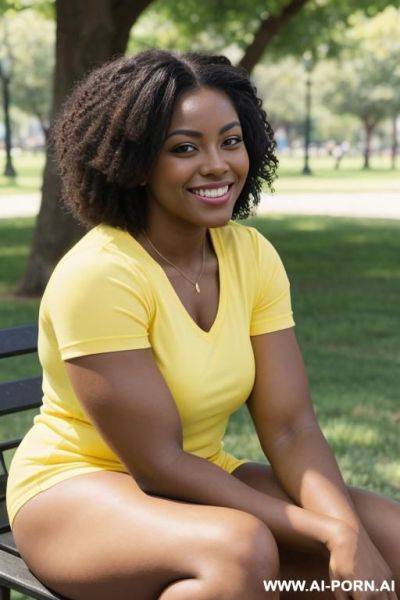 Looking at the camera, dark skinned, short, gymnast, thick arm muscles, model, 20 years old, smiling, sitting in the park in summer wearing a yellow short sleeve - ai-porn.ai on pornsimulated.com