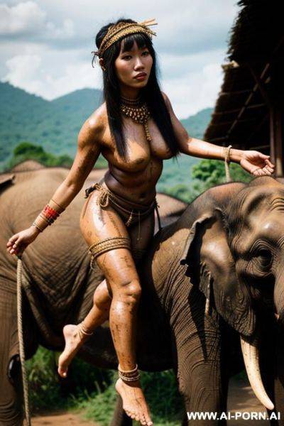 Thai tribe costume​ realistic​ woman​, flash​ pussy​, mount​ain​, vintage, dirty ​mud, rope, elephant​ farm, age-defying looks, - ai-porn.ai - Thailand on pornsimulated.com