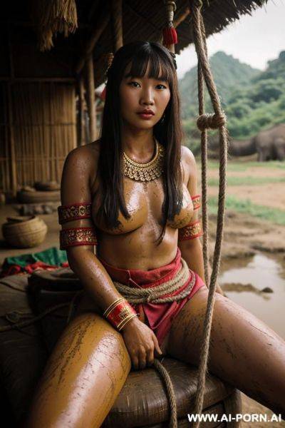 Hmong​ tribe costume​ realistic​ woman​, flash​ pussy​, mount​ain​, vintage, dirty ​mud, rope, elephant​ farm, age-defying looks, dagger - ai-porn.ai on pornsimulated.com
