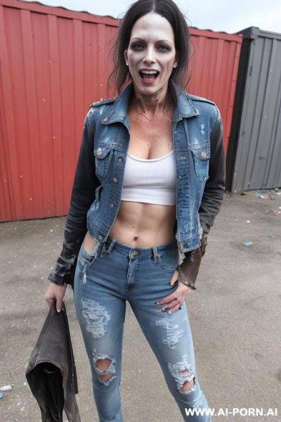 A punk woman is wearing worn and bleached out, ripped and light blue pants and an old jeans jacket. she has long, messy brown hair. there ist lot of trash around. - ai-porn.ai on pornsimulated.com