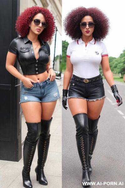 Tanned woman dressed in short ripped denim shorts and strapon, knee-high black boots, polo shirt, red curly hair, very big muscle thighs, short leather gloves - ai-porn.ai on pornsimulated.com
