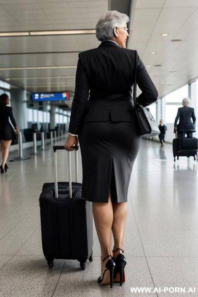 Back view, 0-year-old grandmother, very visible signs of age, full body, standing, triangular hips, thick thighs, full breasts, gray hair, big smile, wearing a black suit and skirt, high heels, leaving the airport with her suitcases - ai-porn.ai on pornsimulated.com