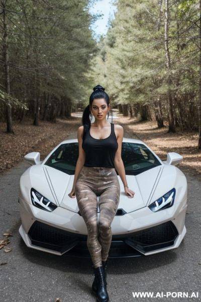 Girl with a black ponytail in a white t-shirt, a man rammed his big cock in her cunt, missionary, brown eyes, caucasian, camo leggings, black military boots, white lamborghini huracan in the background, forest - ai-porn.ai on pornsimulated.com