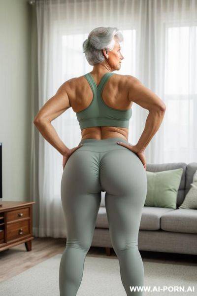 Back view, 0 year old grandmother, full body, standing, age marks clearly visible, gray hair, triangular hips, thick thighs, wearing light green yoga pants, living room - ai-porn.ai on pornsimulated.com