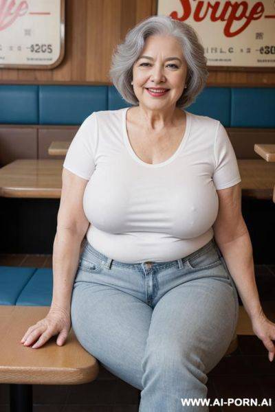 0-year-old grandmother, voluptuous body, sitting, very visible signs of aging, gray hair, lady, smiling, triangular hips, thick thighs, wearing a white short sleeves shirt, blue jeans, burger joint - ai-porn.ai on pornsimulated.com