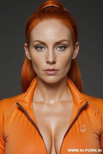 Irish, bright orange hair, ponytail, dri fit jacket, huge oval tits, perfect tits, no makeup, square jaw line, serious face,, - ai-porn.ai - Ireland on pornsimulated.com