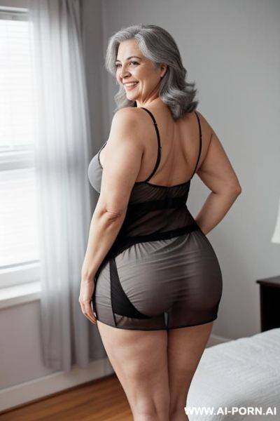 Back view, big ass, 0 year old grandma, full body, standing, signs of age clearly visible, gray hair, smiling, triangular hips, thick thighs, wearing gray sheer nightgown, womanage bedroom at night, low lighting - ai-porn.ai on pornsimulated.com