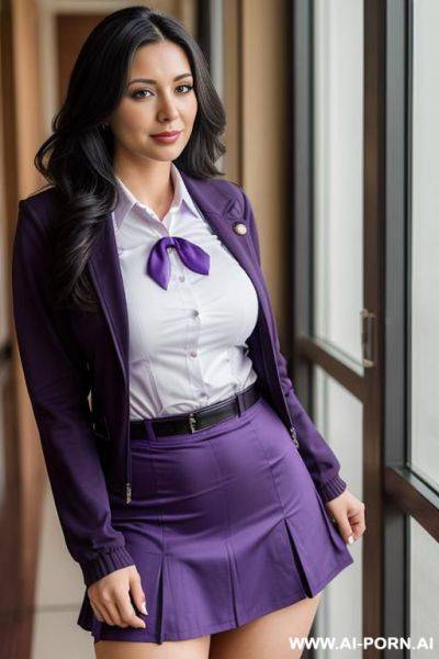 Purple lingerie, purple medium length hair, latina, big (((fake))) tits, uniform - ai-porn.ai on pornsimulated.com