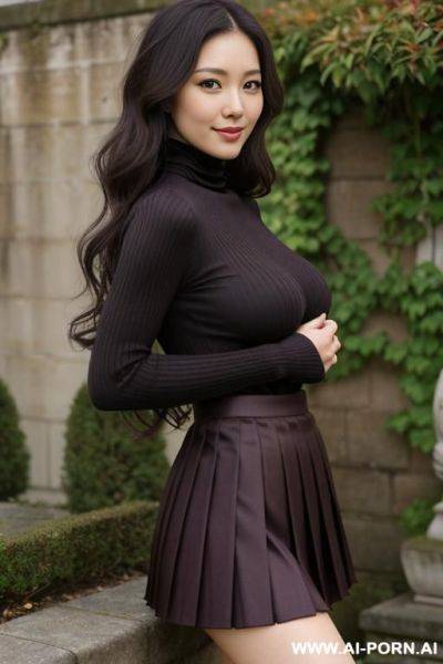 Pretty, japanese, 30, flowing wavy hair, dark brown hair, perfect natural boobs, slight smile, makeup, eye shw, standing, spreading legs, pleated silk skirt, turtleneck, walled garden background. - ai-porn.ai - Japan on pornsimulated.com