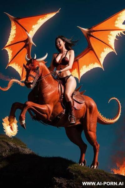 Woman riding vyvern. (flying monster, which can breathe fire) - ai-porn.ai on pornsimulated.com