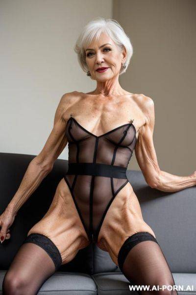 Matured old gilf, wrinkles, very wrinkled skin, anal fuck gilf, aging marks, elries, perfect eyes, waist shot, (keep face), totally naked, open legs, open anal, anal fucking, arms back behind, wearing high heels, mouth gag, wearing stockings - ai-porn.ai on pornsimulated.com