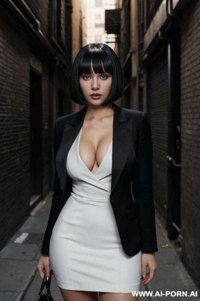 One woman, caucasian, white skin, 20 years old, open black blazer and black dress, straight bangs haircut, black hair, black eyes, huge breasts, big ass, scared, crime alleyway, midnight, stand up - ai-porn.ai on pornsimulated.com