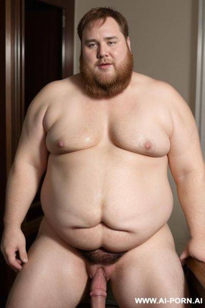 Imagine a fat guy in his forties with red-blone short hair and a full beard who has a hard penis - ai-porn.ai on pornsimulated.com