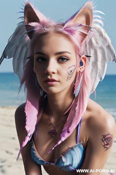 Face, ((sexy)), beautiful, ((bikini transparent)), ((transparent)), ((percing nose)), ((face painting)), ((bikini as seashell)), ((tattoo roses)), ((eyes shw)), ((angel wings)), ((rainbow hair)), ((one rose in - ai-porn.ai on pornsimulated.com