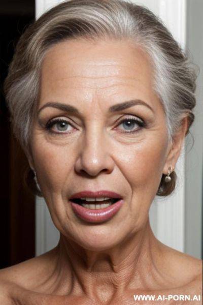 Beautiful grandmother, perfect eyes, wrinkled face, wrinkled skin, makeup, orgasm face, show saggy big tits, open mouth, tongue out, - ai-porn.ai on pornsimulated.com