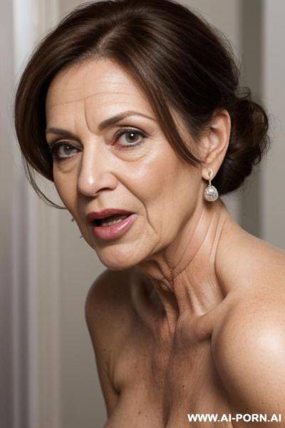 Beautiful grandmother, perfect eyes, wrinkled face, wrinkled skin, makeup, orgasm face, show sagg tits, open mouth, tongue out, - ai-porn.ai on pornsimulated.com
