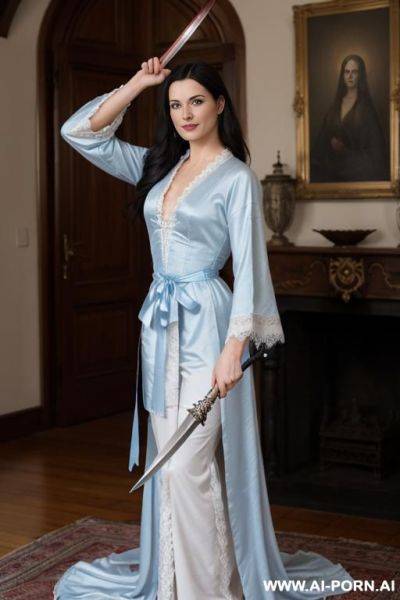 A woman with long, dark hair holding a sword in a dynamic a woman with long, dark hair holding a sword in a dynamic pose. she appears to be a adult woman in her 30s, with dark, - ai-porn.ai on pornsimulated.com