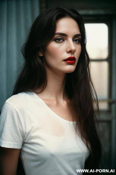 A beautiful european-looking woman. long brown hair, skin, face, red lips, white t-shirt, blue jeans. horror, analog film, realism, cinematic light, high quality, creepy photo - ai-porn.ai on pornsimulated.com