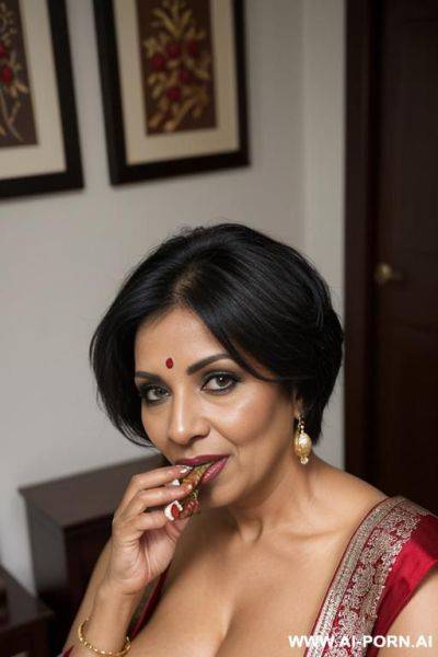 Curvy mature black woman, her eyes are sharp and expressive, a mischievous smirk playing on her lips as she chews paan, ( she has inse, knowing smirk as she chews paan, her lips stained a deep crimman. ), highly detailed, feel the erotic, - ai-porn.ai on pornsimulated.com