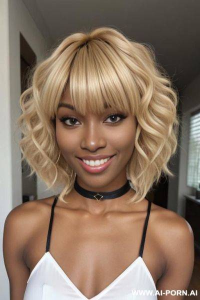 Fit, beautiful face, perfect smile, ((looking at viewer)). ((super sexy)), long legs, chocker, dark skin - ai-porn.ai on pornsimulated.com