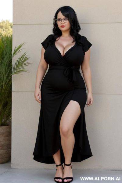 A woman, chubby, tied black hair, no sleeves black dress, large breasts, glasses, black flip flops, she flashes her breasts - ai-porn.ai on pornsimulated.com