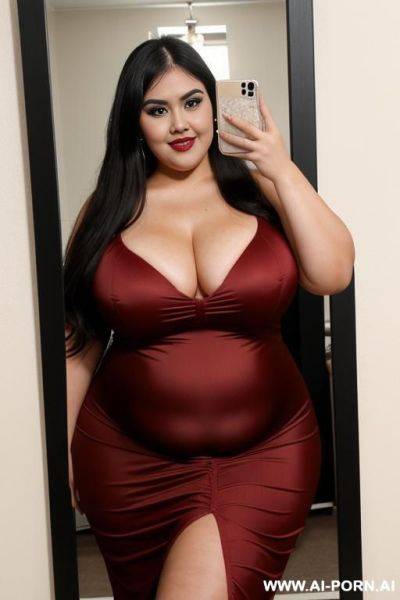 Rotund, ssbbw wide, mexican, very plump bbw, extra thicc, bbw hips, pear shaped, hot, dimples, face, tight red dress, long black hair, eyeliner - ai-porn.ai - Mexico on pornsimulated.com