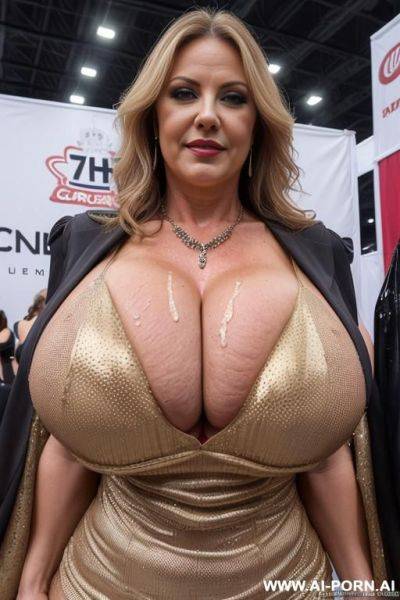 (((huge boobs))), (((massive boobs))), drenched in cum, porn trade show, (((cleavage))), milf - ai-porn.ai on pornsimulated.com