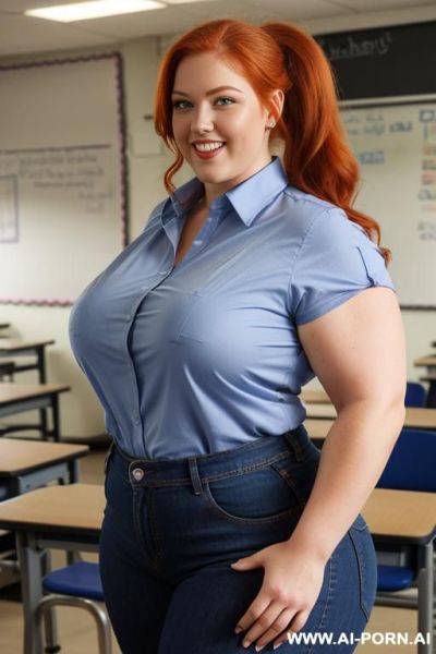 Full body photo shot, about at classroom, chubby redhead fat bbw curvy teacher, jeans, ((elegant shirt)), teaching to the classroom, ((bodybuilder)), ((biceps)), - ai-porn.ai on pornsimulated.com