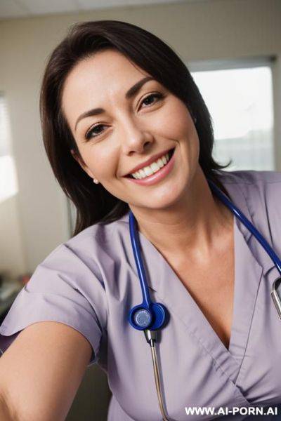 (close up) (nurse) (scrubs) (bending down) (smiling) - ai-porn.ai on pornsimulated.com