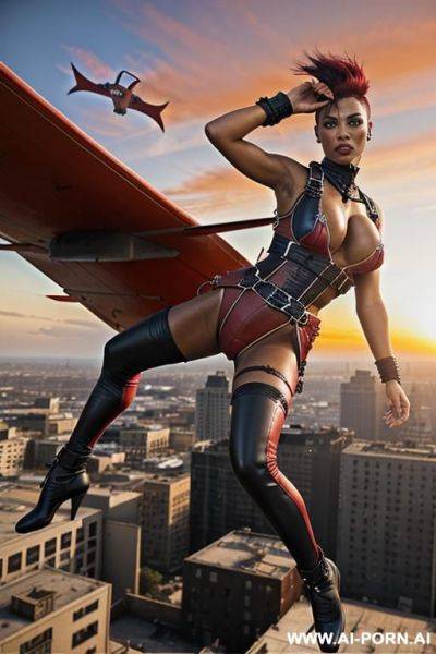 Dark black woman. toned. bracelet, thigh chain. punk mohawk hairstyle with fully shaved sides. bulging oversized tits. leather shoulder pad. mad max. fallout. ruined city in background. holster. city ruins. very tanned skin. - ai-porn.ai on pornsimulated.com