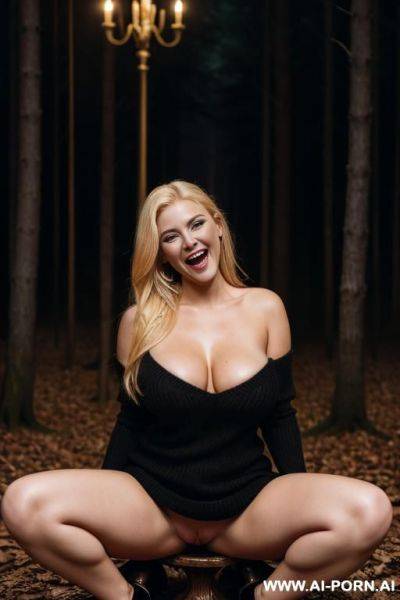 Bbw, blonde, makeup, open mouth, huge boobs, topless, massive boobs, direct eye contact, transparent dress, cleavage, black stocking, livingroom, high platform heels - ai-porn.ai on pornsimulated.com
