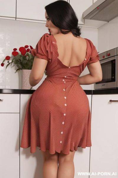Gorgeous hot brunette women wearing (((red polka dot dress))) in kitchen, curvy ass, fucked, pov, cartoon style - ai-porn.ai on pornsimulated.com