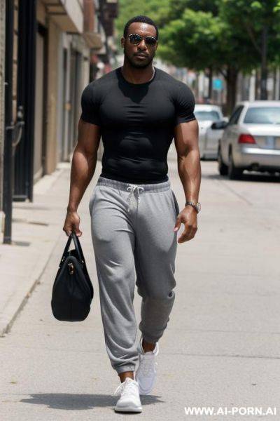 1, african male, toned body, jersey shirt, baggy pants, sneakers, relaxing muscle, 200lbs, proud face, short black hair, no beard or mustache, bulging crotch, walking the streets, midday, dynamic view - ai-porn.ai on pornsimulated.com