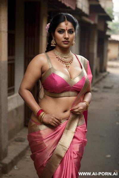 Indian woman, skimpy, busty, sexy sari, pink sari, street, public, big cleavage, fat, thick - ai-porn.ai - India on pornsimulated.com