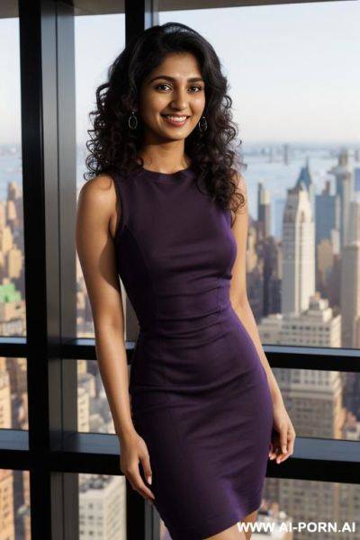 (((crew neck dress))), sleeveless crew neck purple dress, standing in a fancy luxurious sky rise penthouse in manhattan, photorealistic, dark complexion, (ultra detailed photo), (hyper realistic photo) - ai-porn.ai on pornsimulated.com