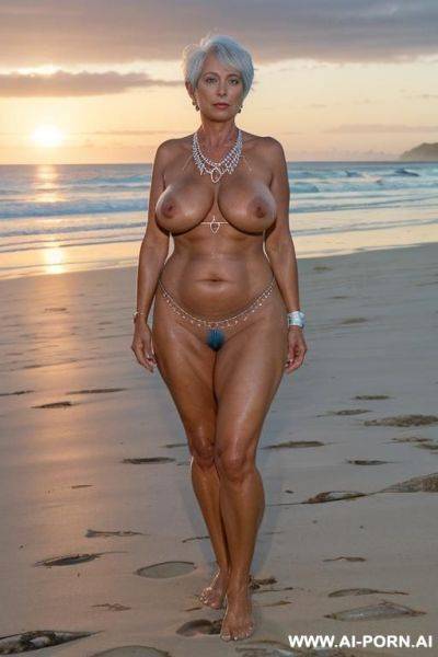 Classy mature older woman with very tanned thick body, thick thighs, outside on a sunset beach, white pixie hair, naked, ankle bracelet, anklet, hip chain, toe ring, nipple ring, necklace, blue - ai-porn.ai on pornsimulated.com