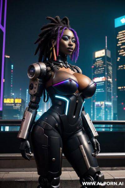 Very dark skin; cyberpunk city on background - ai-porn.ai on pornsimulated.com
